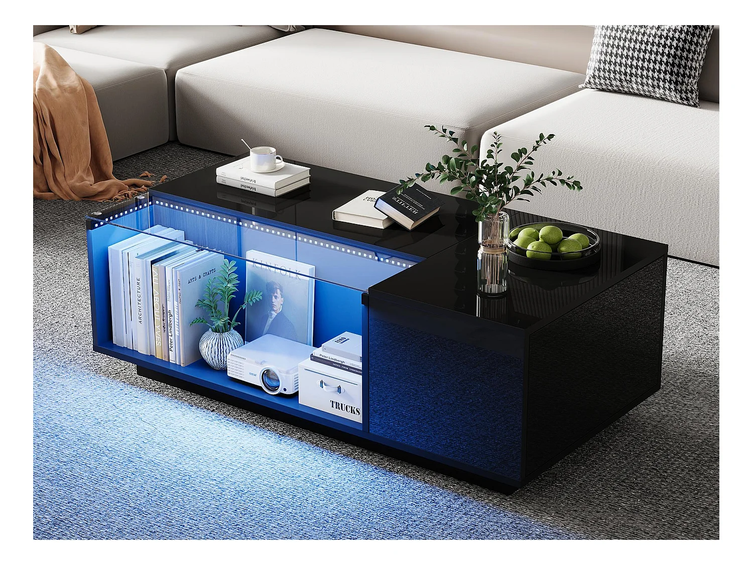Table basse 100x50x35cm - avec éclairage LED - 2 tiroirs - noir