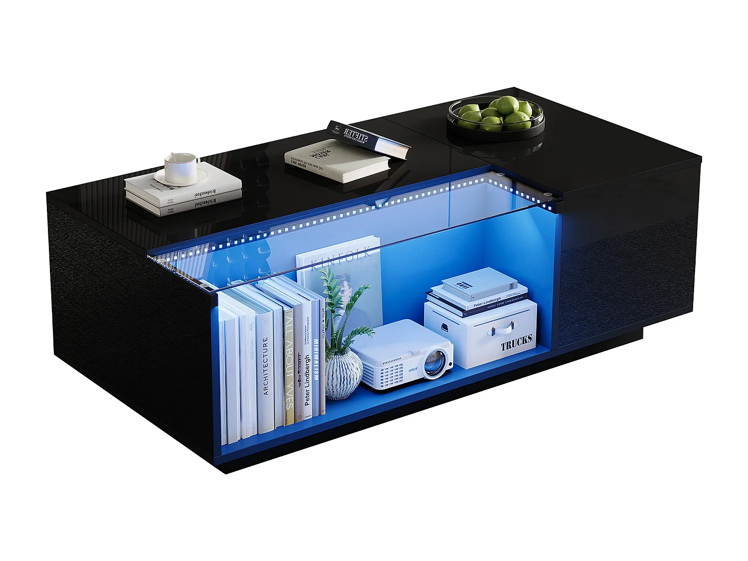 Table basse 100x50x35cm - avec éclairage LED - 2 tiroirs - noir