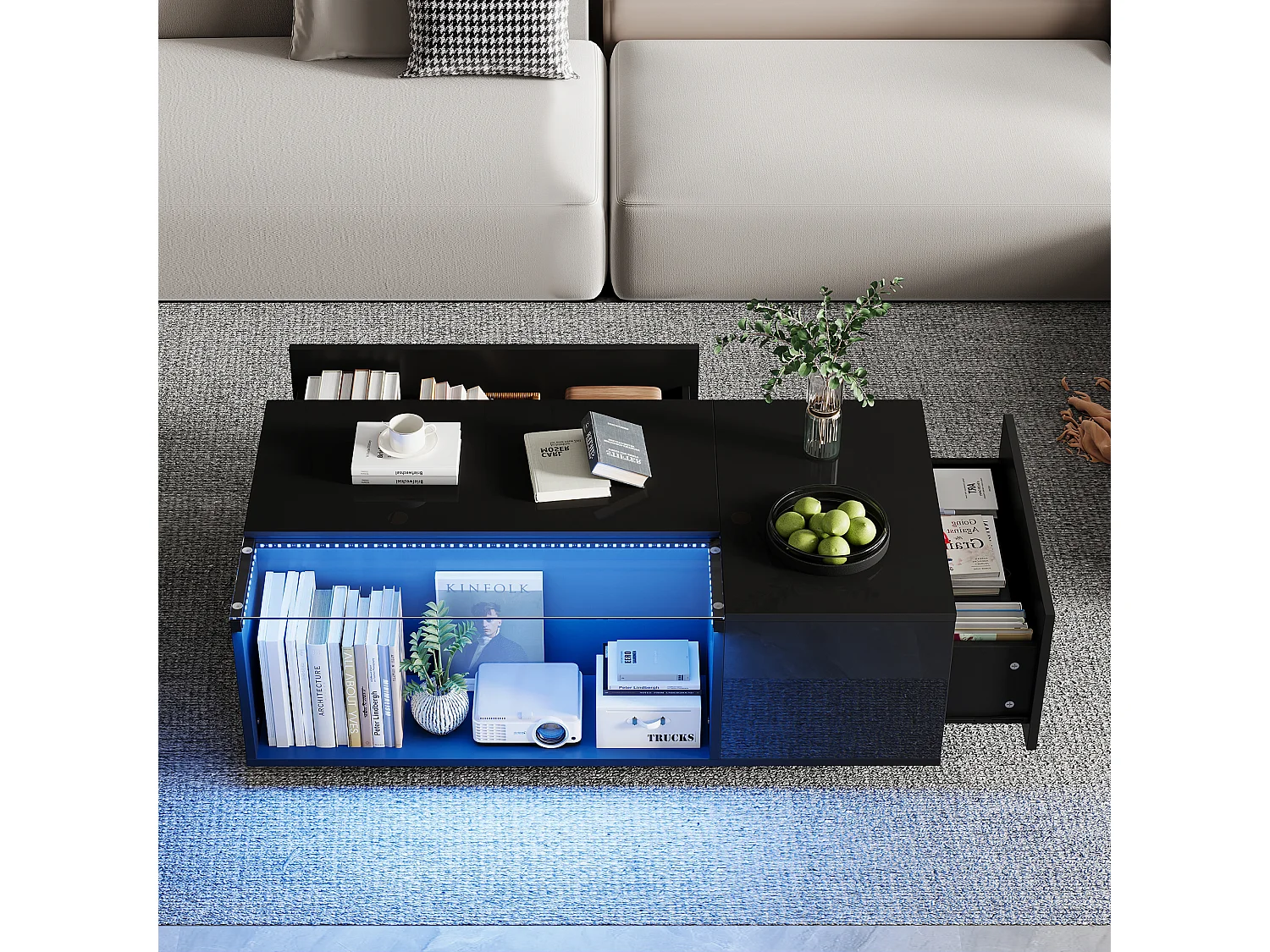 Tavolino 100×50×35 cm - con illuminazione LED - 2 cassetti - nero