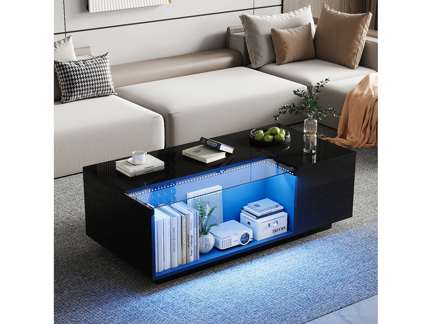 Tavolino 100×50×35 cm - con illuminazione LED - 2 cassetti - nero