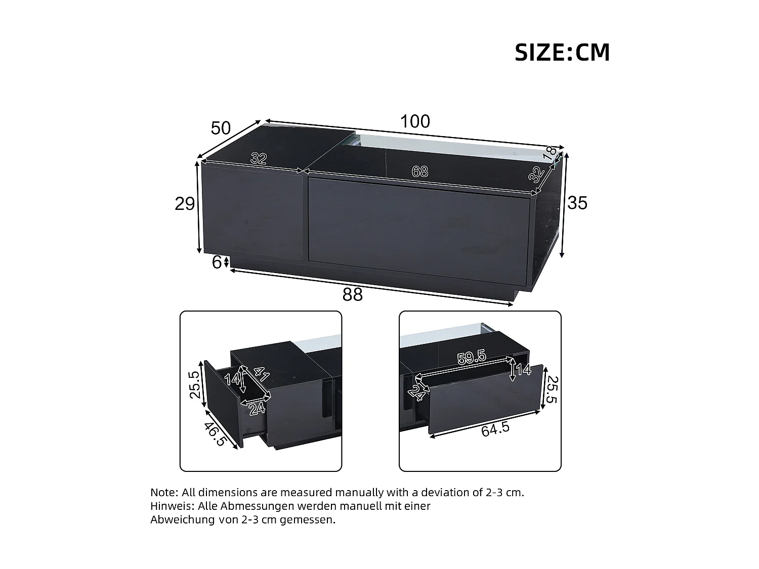 Tavolino 100×50×35 cm - con illuminazione LED - 2 cassetti - nero
