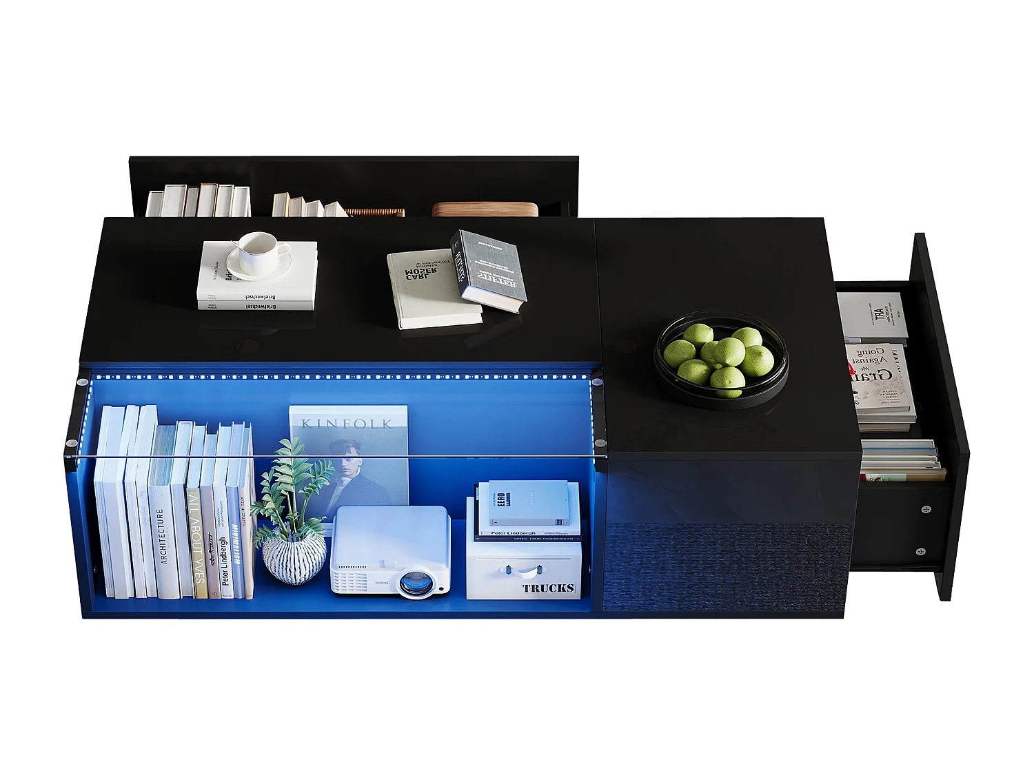 Tavolino 100×50×35 cm - con illuminazione LED - 2 cassetti - nero