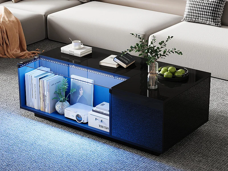 Table basse 100x50x35cm - avec éclairage LED - 2 tiroirs - noir