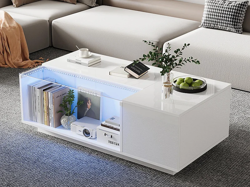 Table basse 100x50x35cm - avec éclairage LED - 2 tiroirs - blanc