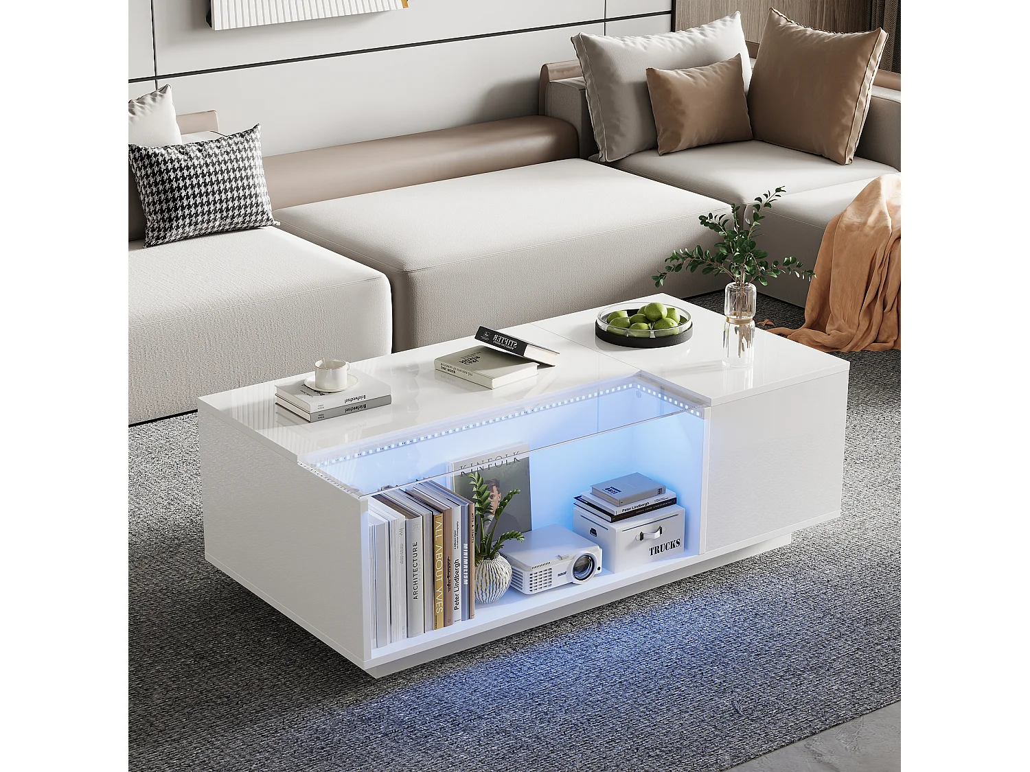 Table basse 100x50x35cm - avec éclairage LED - 2 tiroirs - blanc