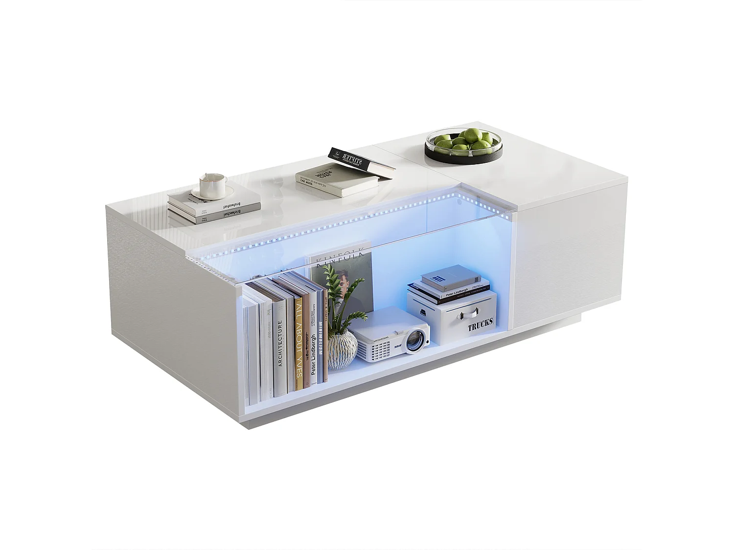 Table basse 100x50x35cm - avec éclairage LED - 2 tiroirs - blanc