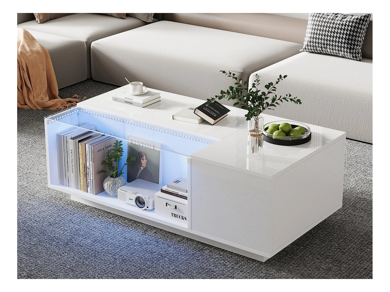 Table basse 100x50x35cm - avec éclairage LED - 2 tiroirs - blanc