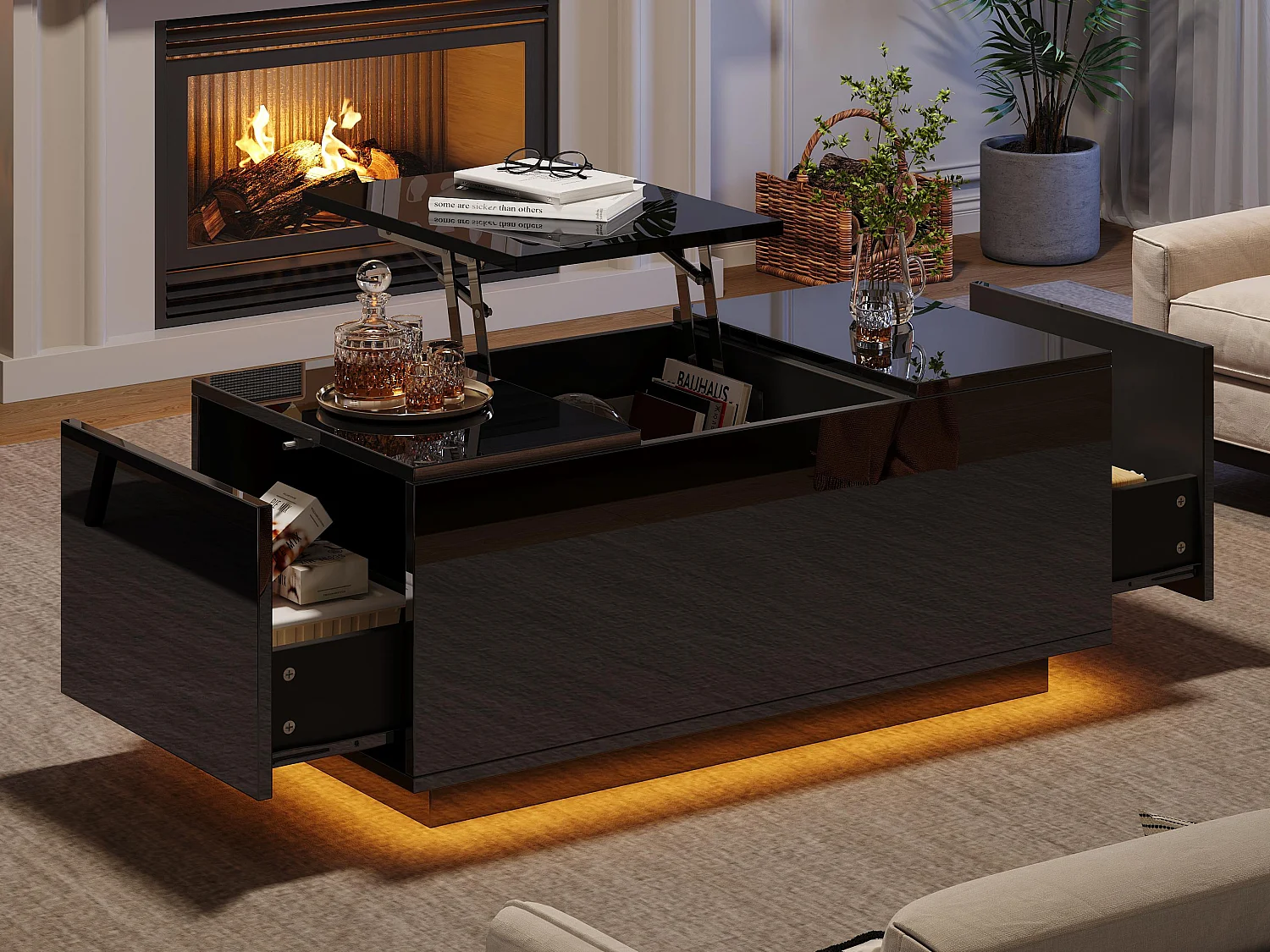 Table basse 95x48x40cm - avec petite table relevable - 2 tiroirs - avec éclairage LED - noir