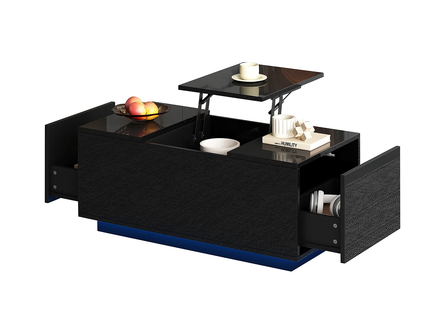 Table basse 95x48x40cm - avec petite table relevable - 2 tiroirs - avec éclairage LED - noir