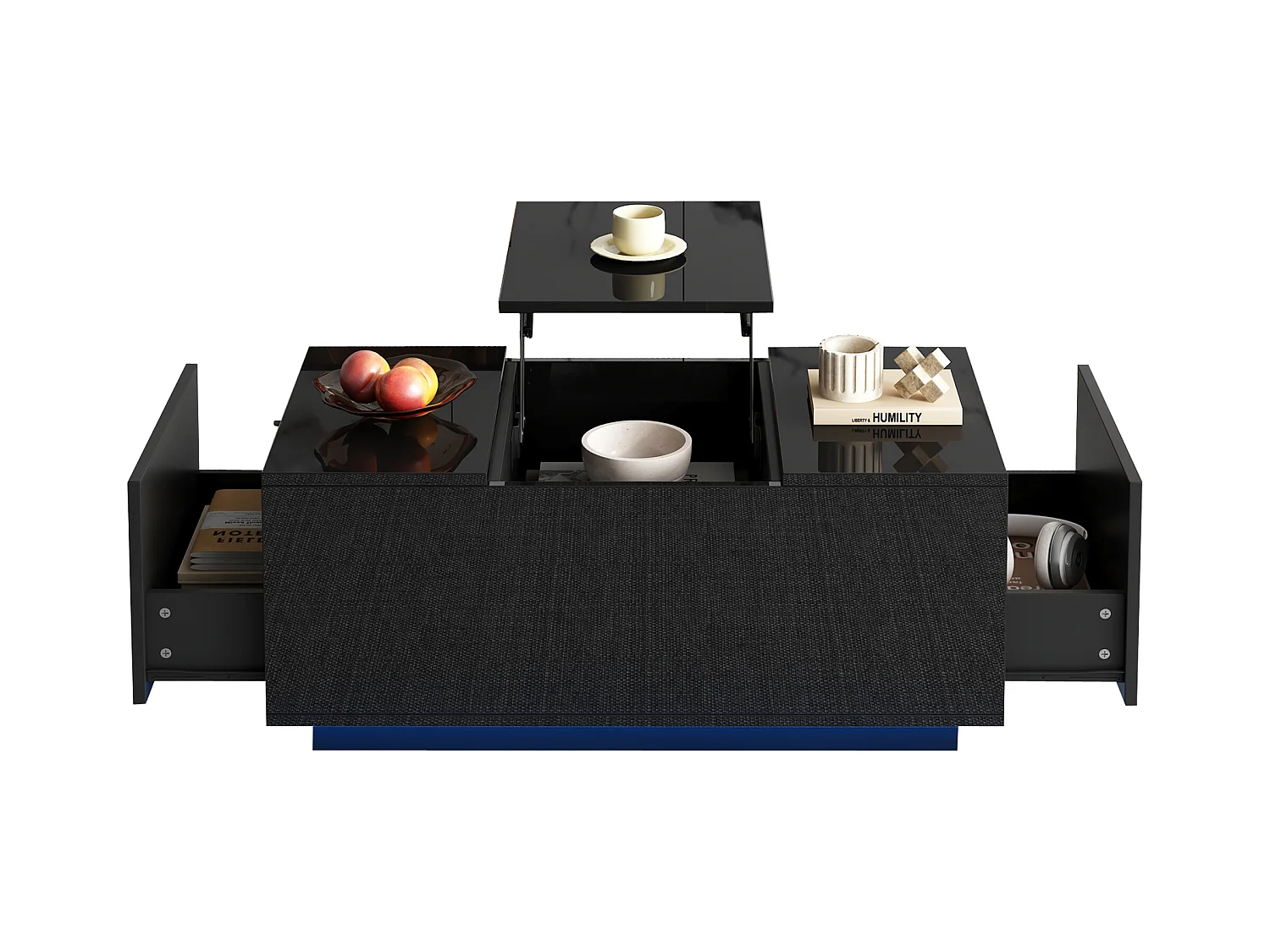 Table basse 95x48x40cm - avec petite table relevable - 2 tiroirs - avec éclairage LED - noir