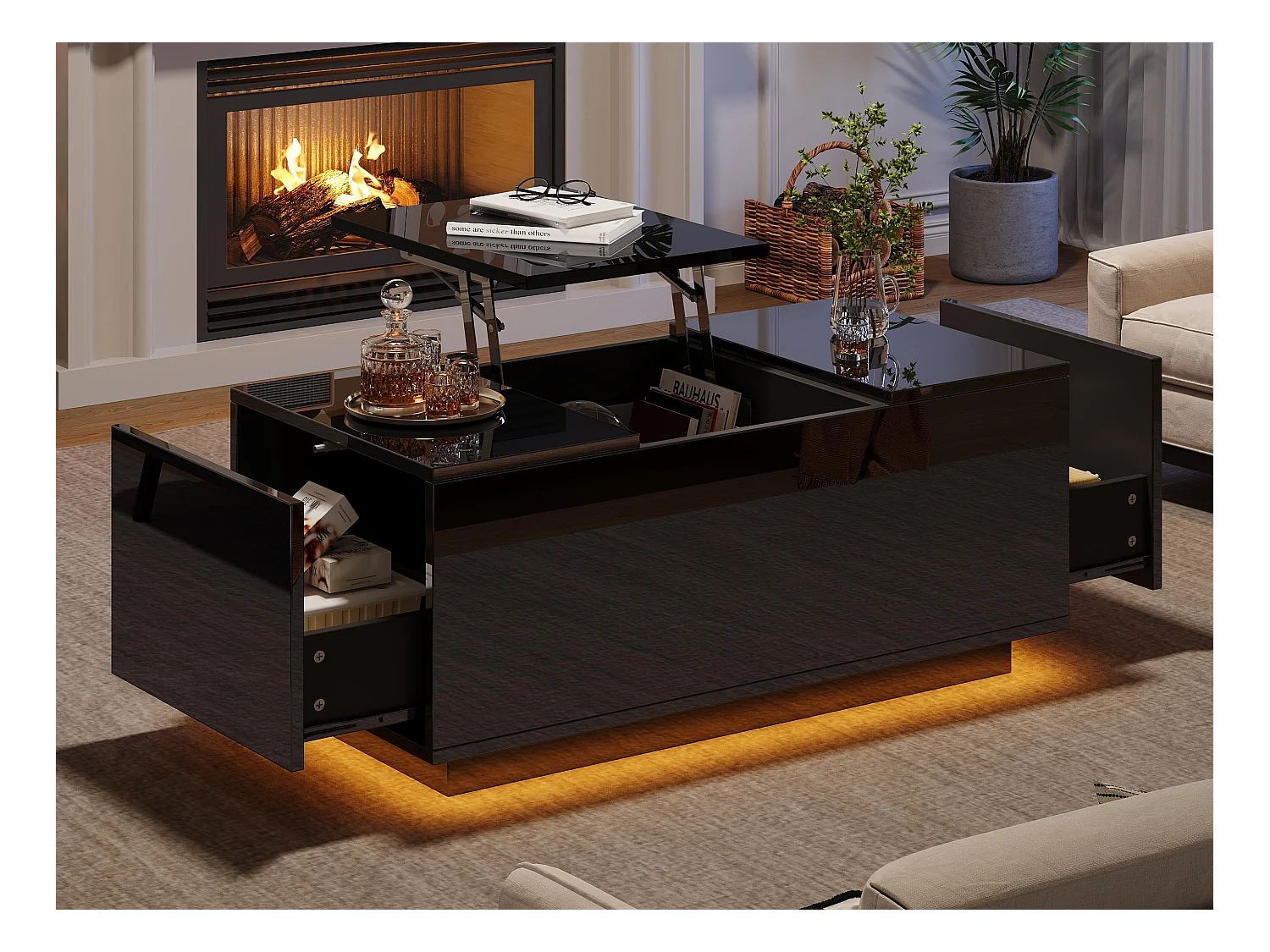 Table basse 95x48x40cm - avec petite table relevable - 2 tiroirs - avec éclairage LED - noir