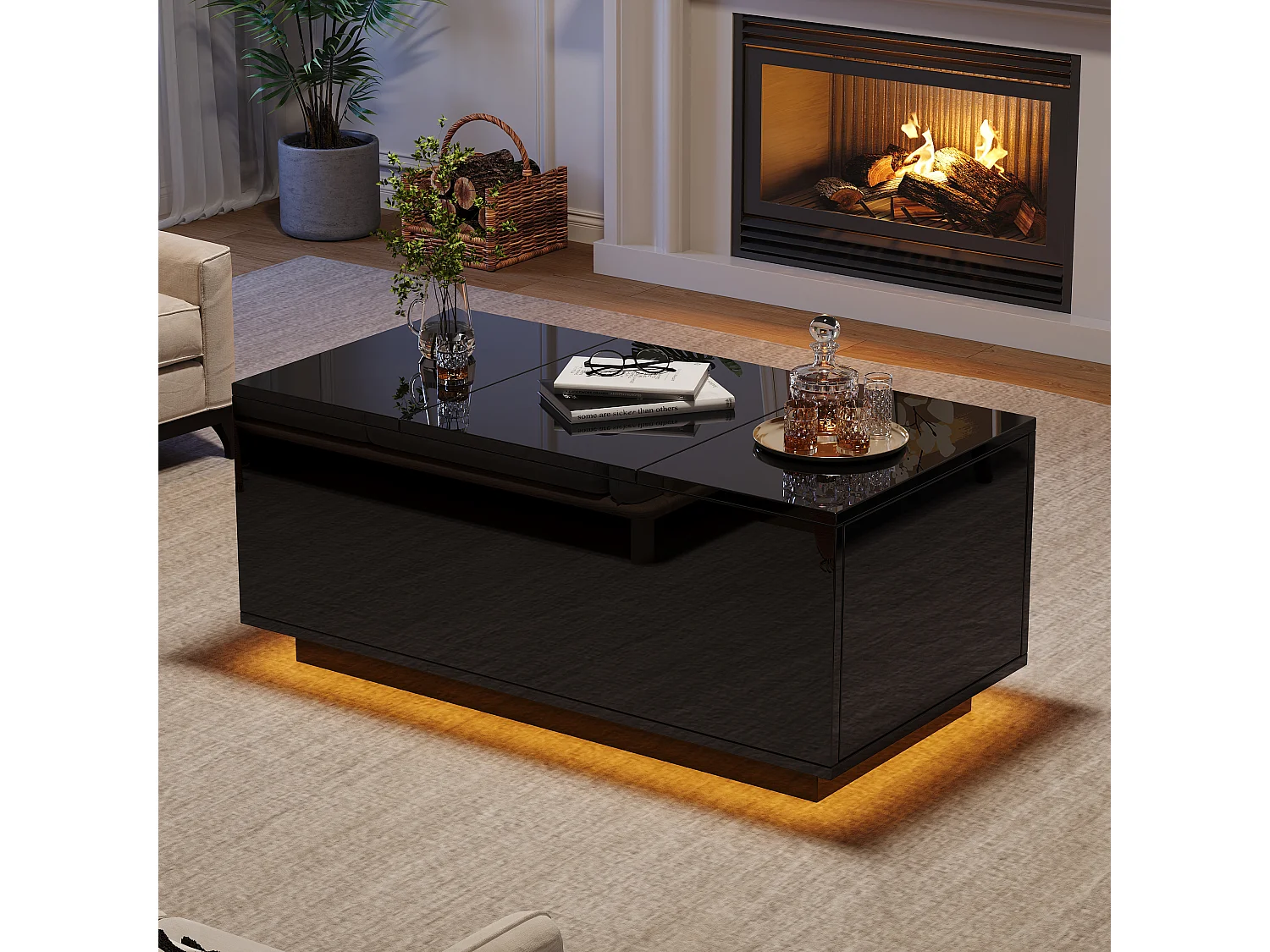 Tavolino 95×48×40 cm - con tavolino estraibile - 2 cassetti - con illuminazione LED - nero