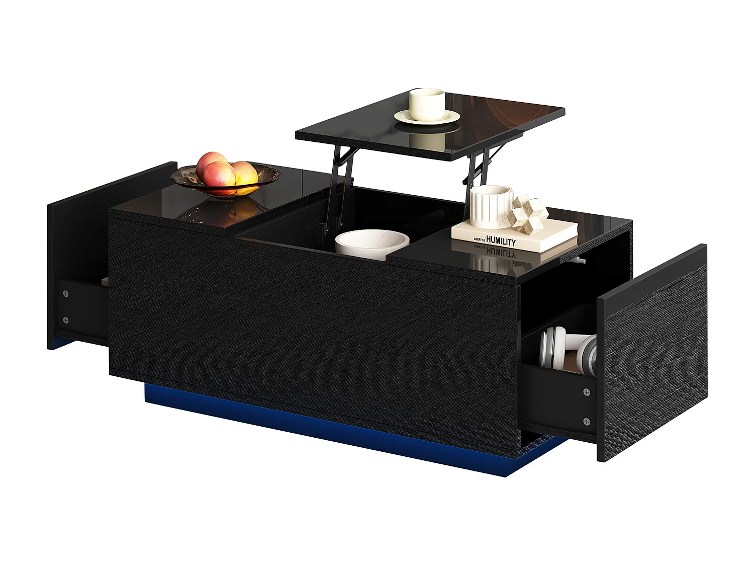 Tavolino 95×48×40 cm - con tavolino estraibile - 2 cassetti - con illuminazione LED - nero