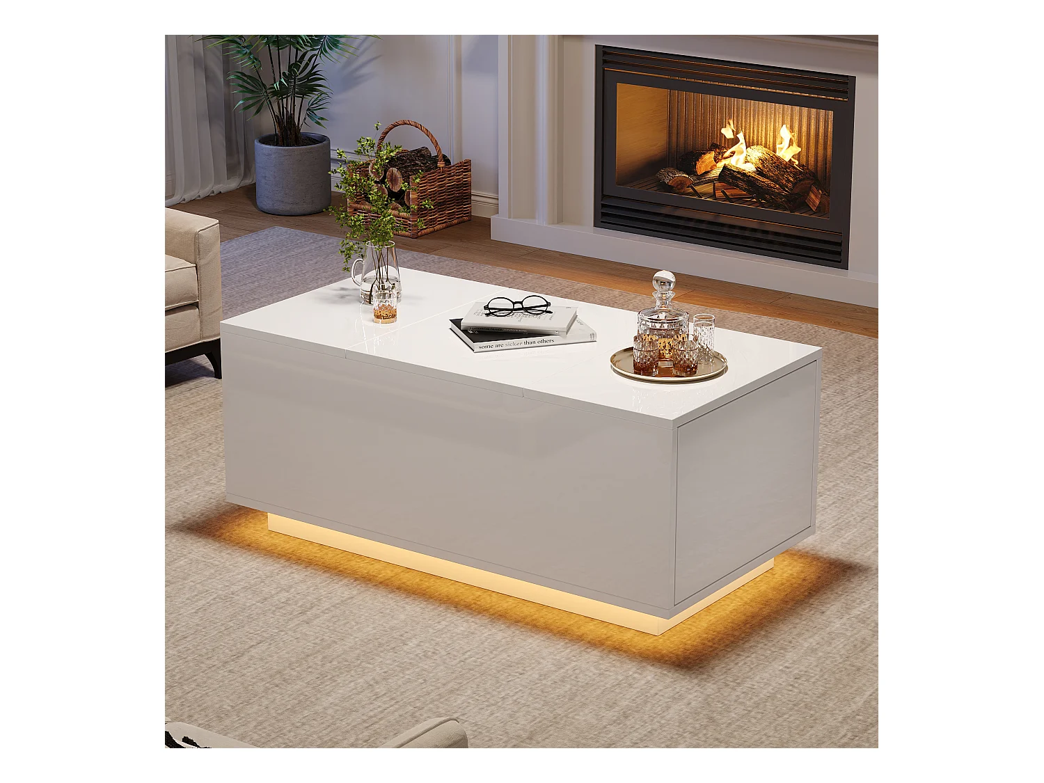 Table basse 95x48x40cm - avec petite table relevable - 2 tiroirs - avec éclairage LED - blanc