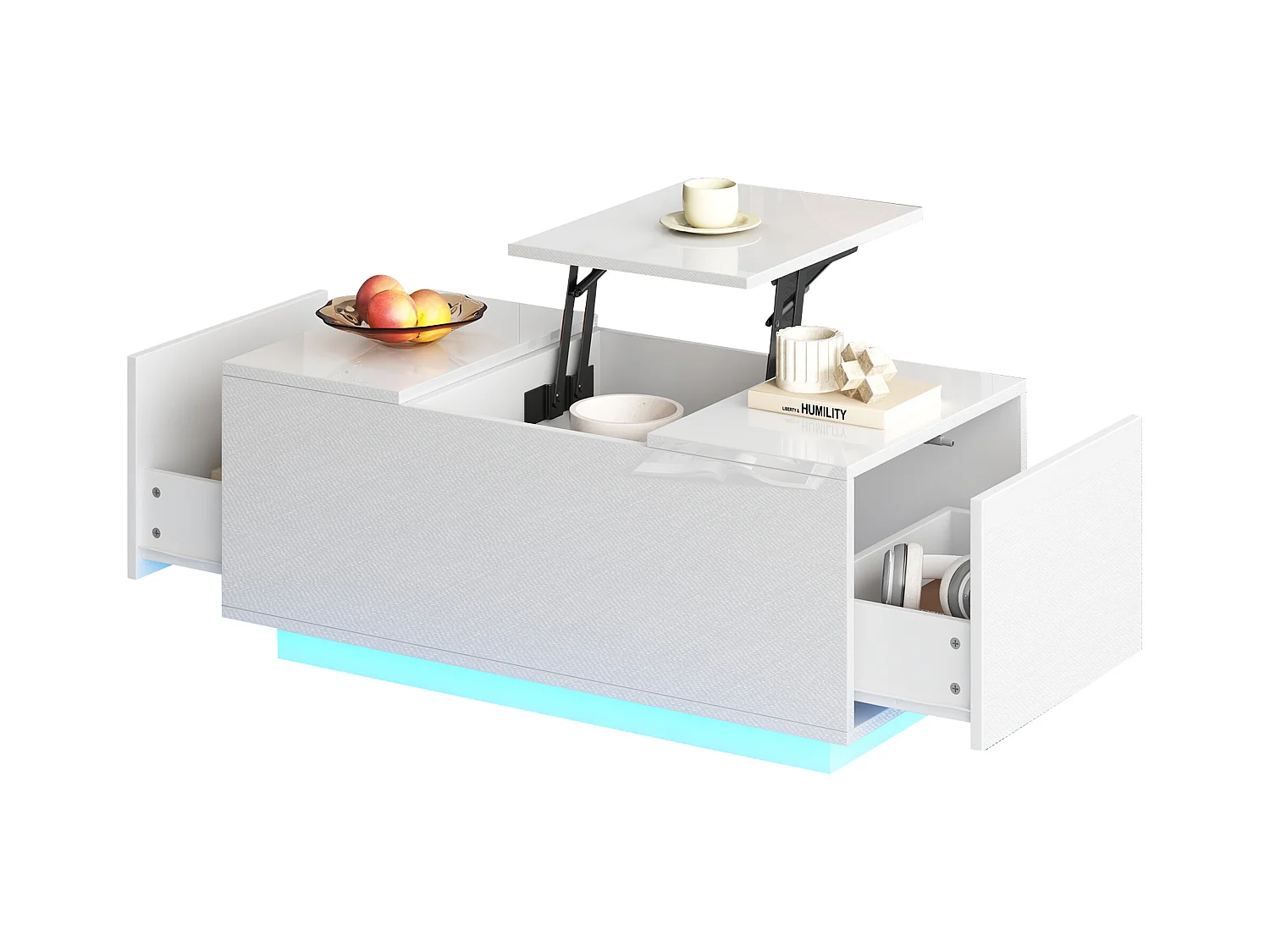 Table basse 95x48x40cm - avec petite table relevable - 2 tiroirs - avec éclairage LED - blanc
