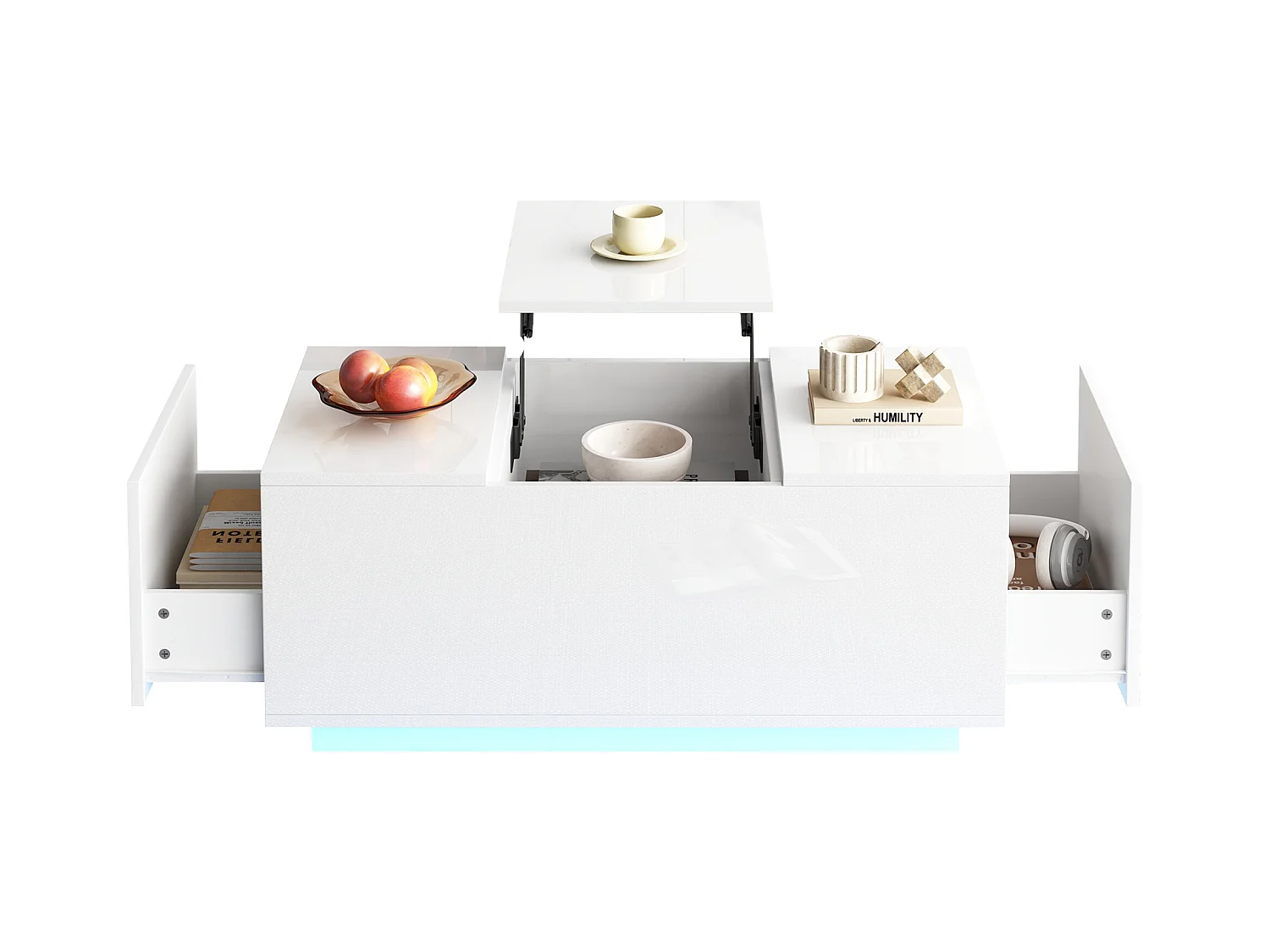 Table basse 95x48x40cm - avec petite table relevable - 2 tiroirs - avec éclairage LED - blanc