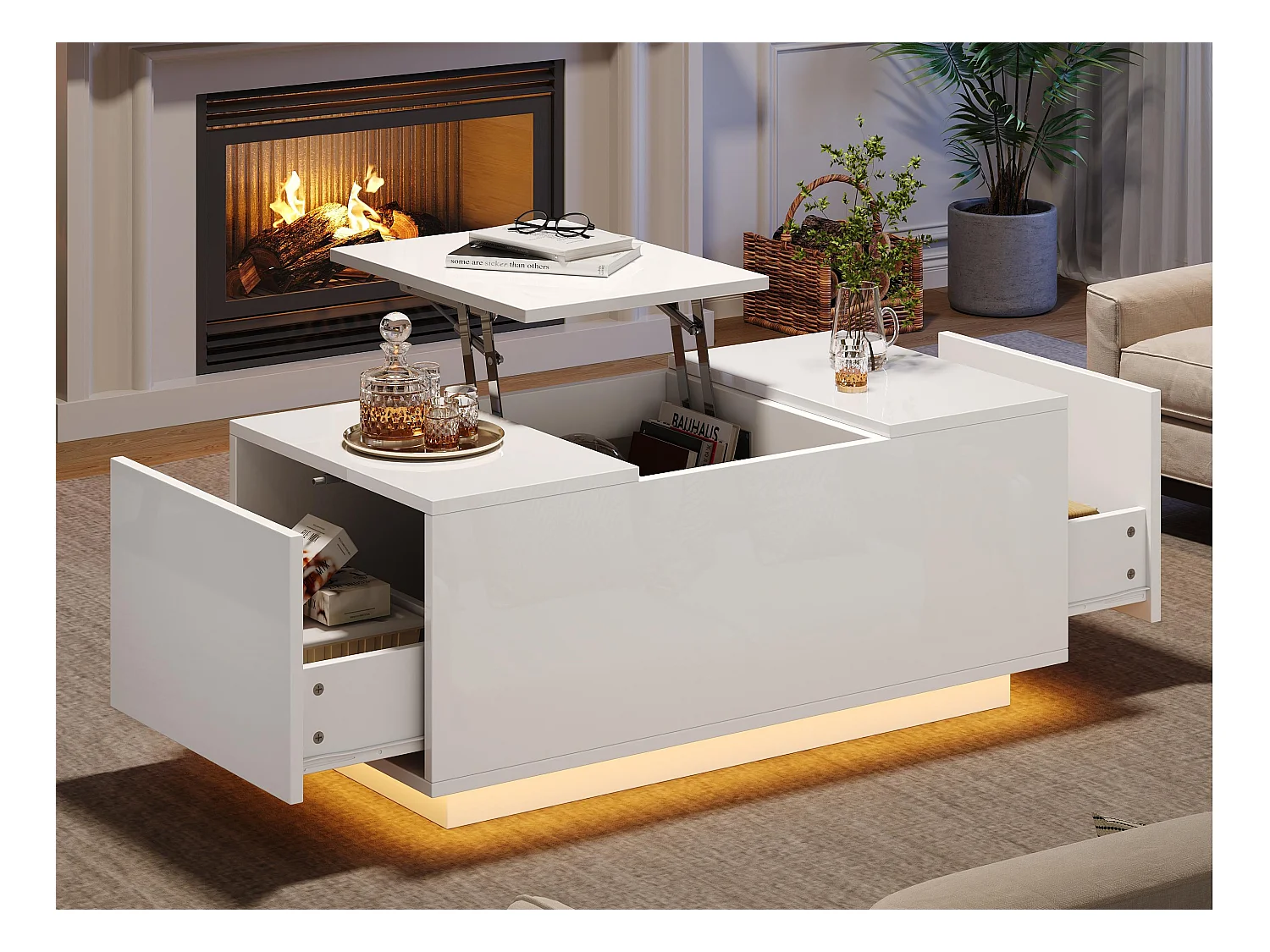 Table basse 95x48x40cm - avec petite table relevable - 2 tiroirs - avec éclairage LED - blanc