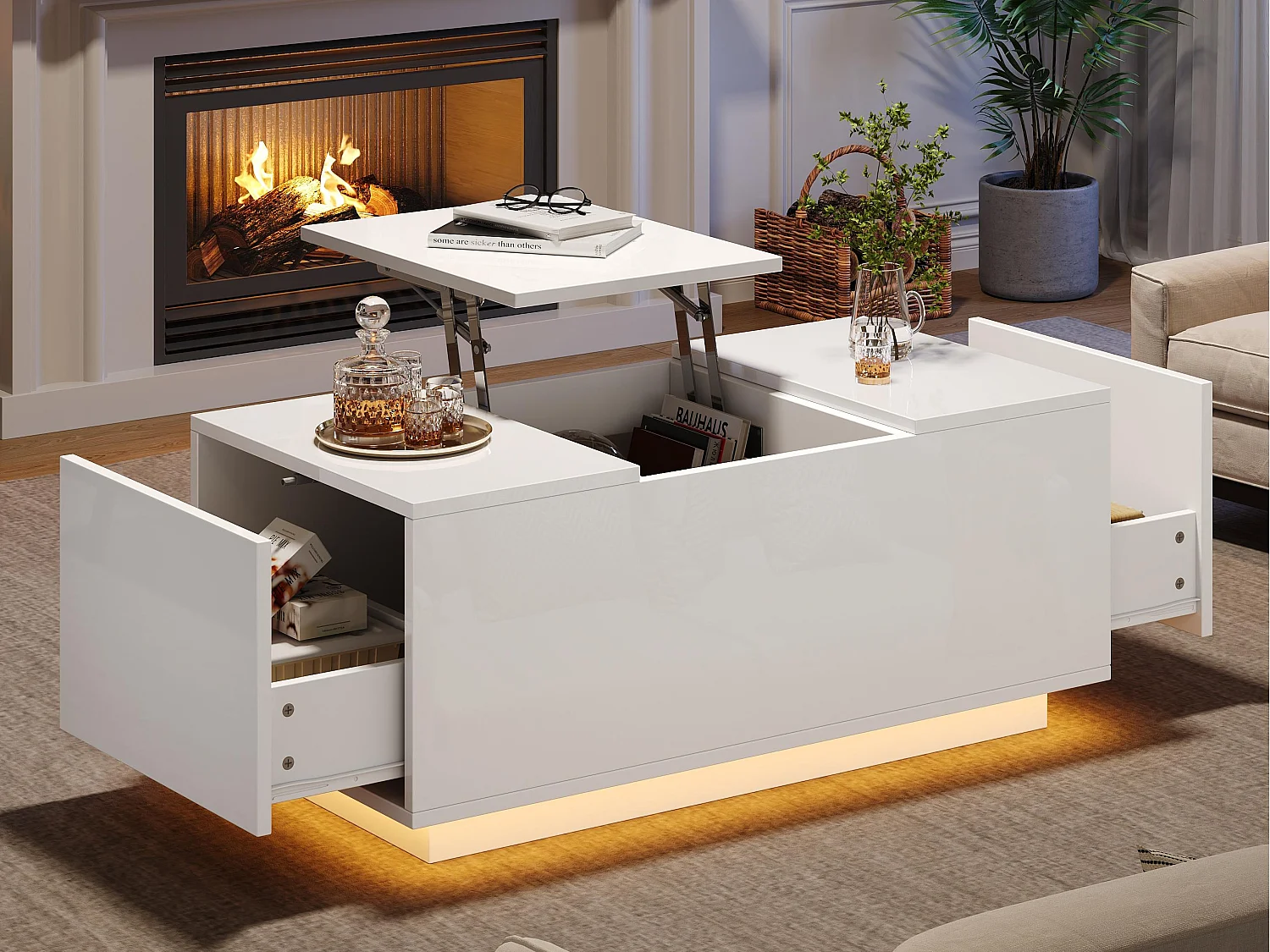 Couchtisch 95×48×40 cm - mit ausziehbarer Platte - 2 Schubladen - mit LED-Beleuchtung - weiß