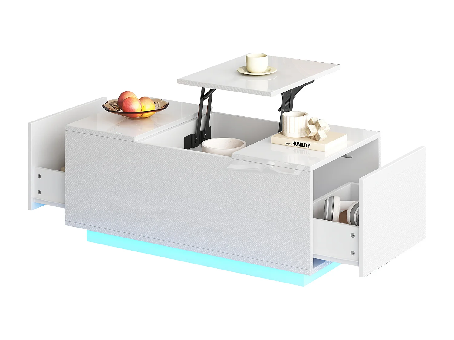 Couchtisch 95×48×40 cm - mit ausziehbarer Platte - 2 Schubladen - mit LED-Beleuchtung - weiß