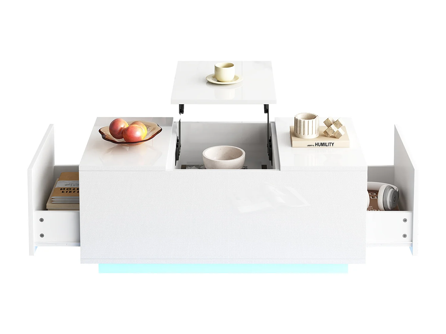 Couchtisch 95×48×40 cm - mit ausziehbarer Platte - 2 Schubladen - mit LED-Beleuchtung - weiß