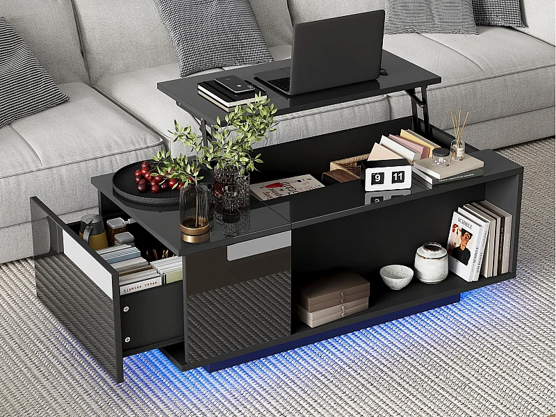 Couchtisch 100×50×40 cm - mit LED-Beleuchtung - 1 Schublade - mit höhenverstellbarer Platte - schwarz