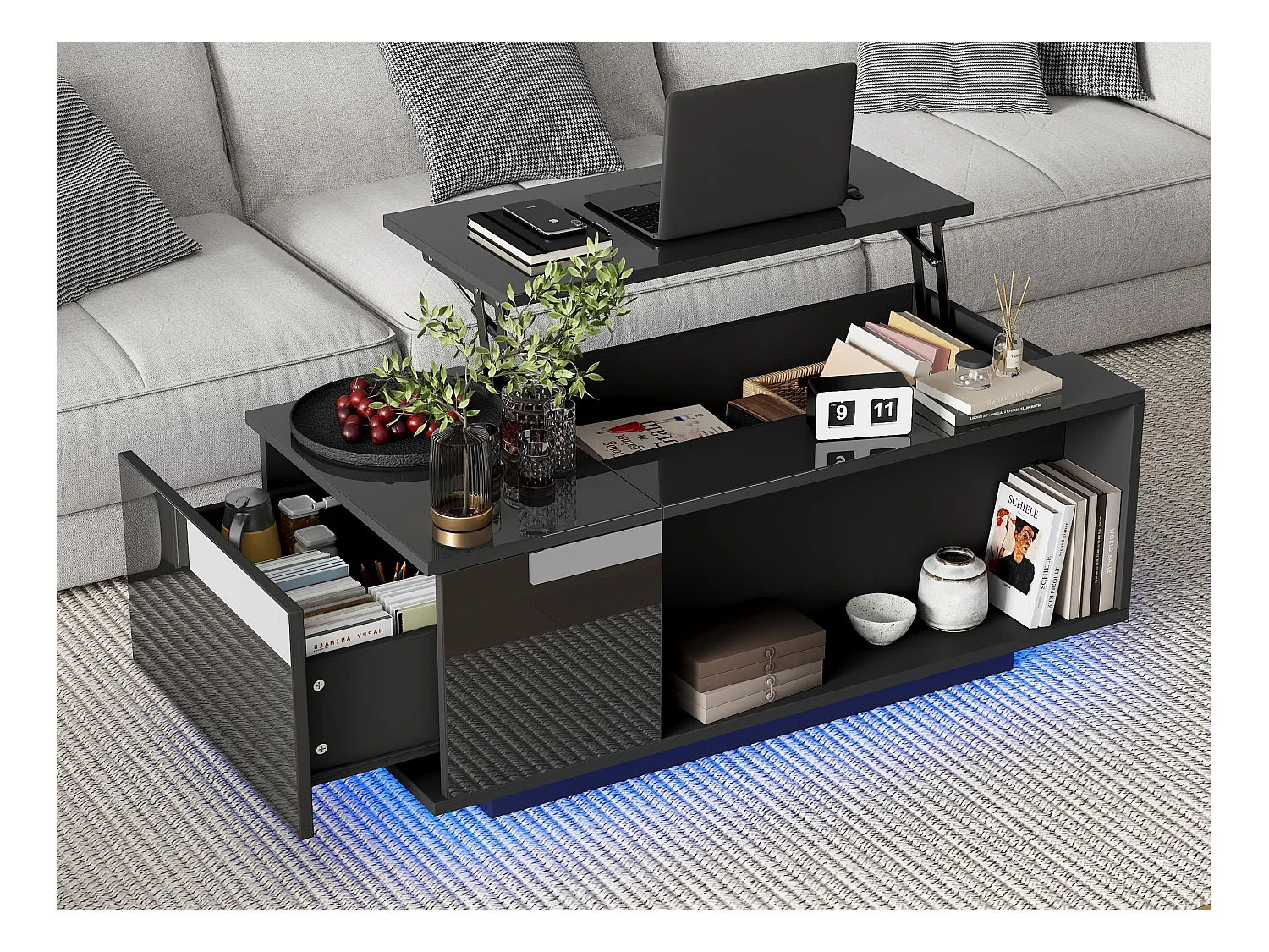 Table basse 100x50x40cm - avec éclairage LED - 1 tiroir -avec plateau relevable - noir