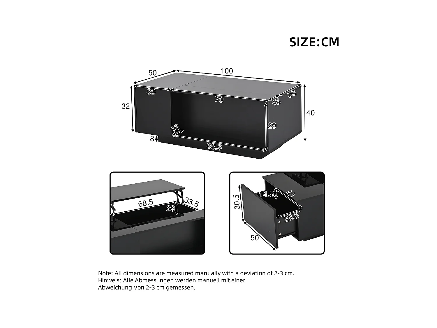 Table basse 100x50x40cm - avec éclairage LED - 1 tiroir -avec plateau relevable - noir