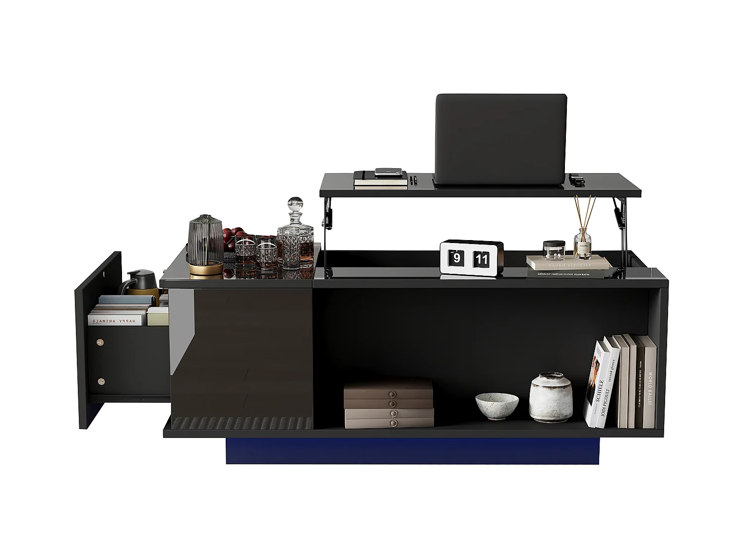 Table basse 100x50x40cm - avec éclairage LED - 1 tiroir -avec plateau relevable - noir