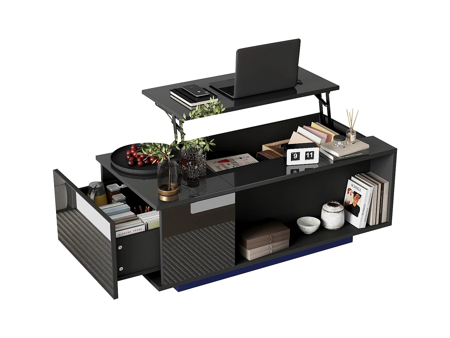 Table basse 100x50x40cm - avec éclairage LED - 1 tiroir -avec plateau relevable - noir