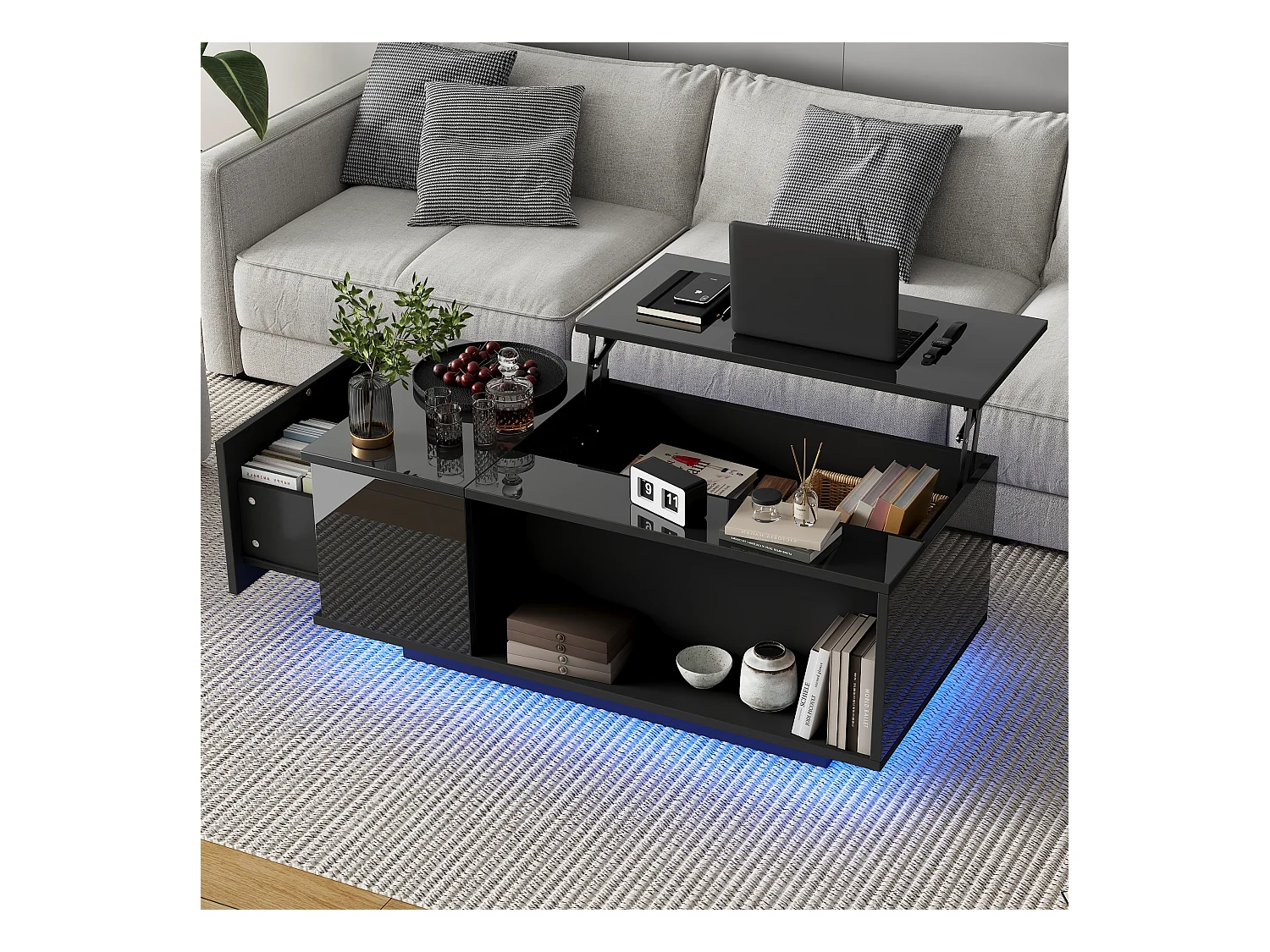 Couchtisch 100×50×40 cm - mit LED-Beleuchtung - 1 Schublade - mit höhenverstellbarer Platte - schwarz