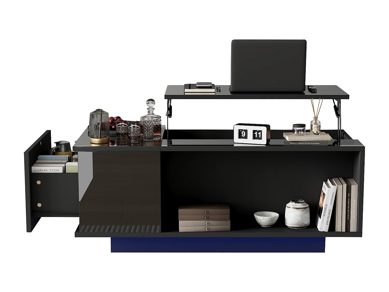 Table basse 100x50x40cm - avec éclairage LED - 1 tiroir -avec plateau relevable - noir