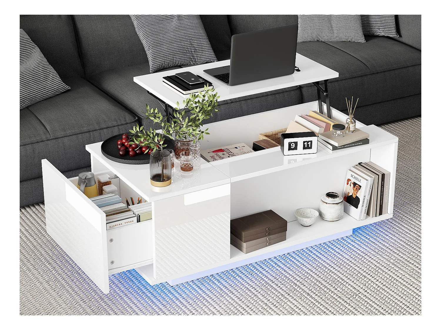 Table basse 100x50x40cm - avec éclairage LED - 1 tiroir -avec plateau relevable - blanc