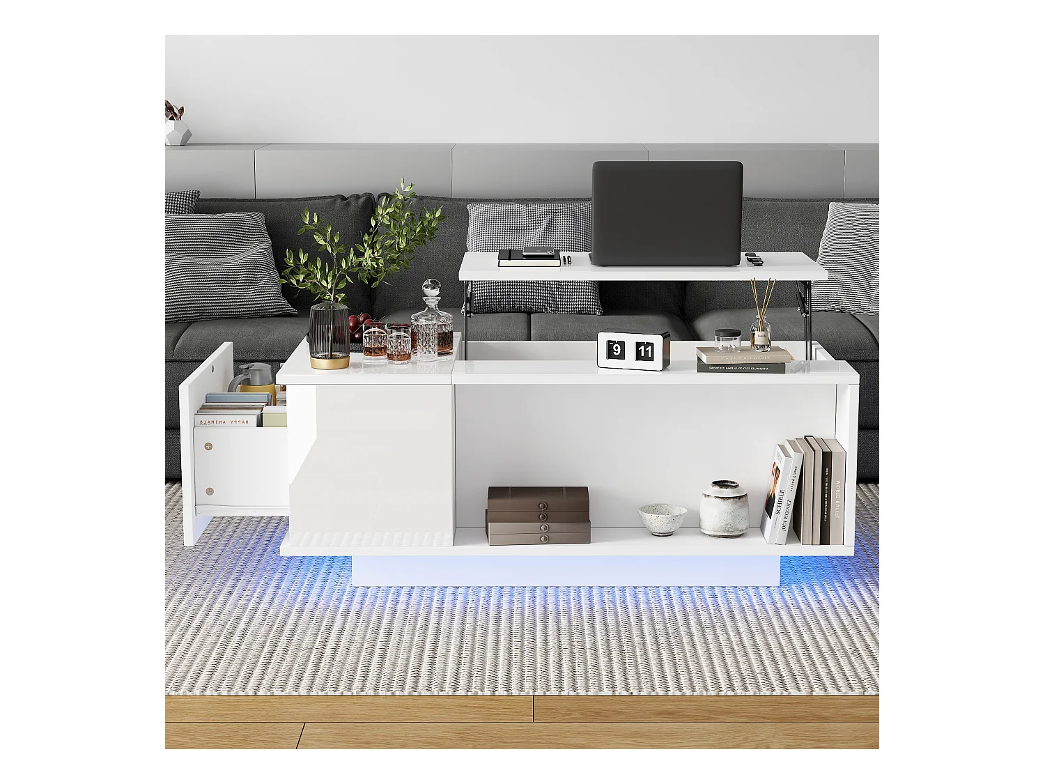 Table basse 100x50x40cm - avec éclairage LED - 1 tiroir -avec plateau relevable - blanc