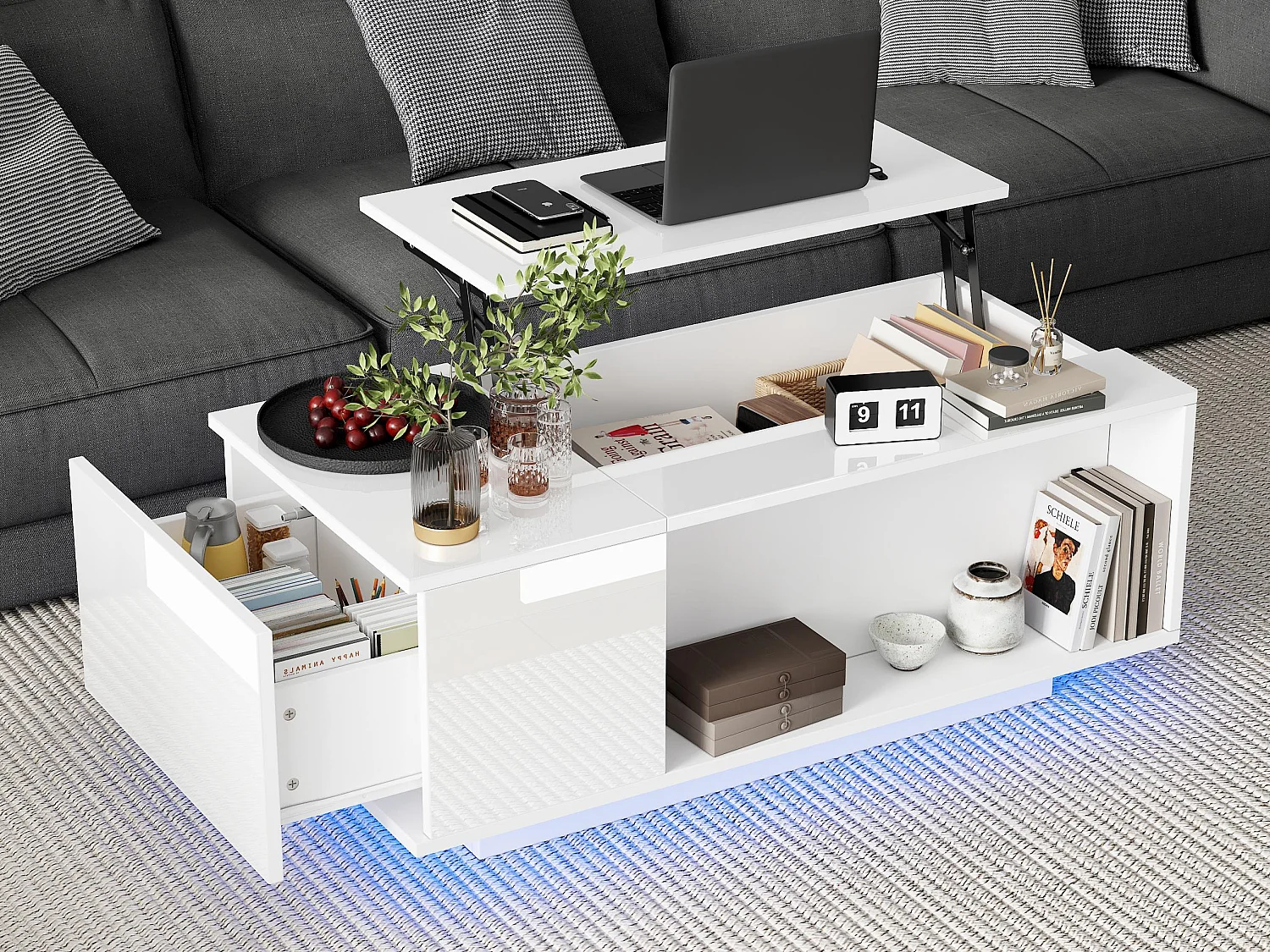 Couchtisch 100×50×40 cm - mit LED-Beleuchtung - 1 Schublade - mit höhenverstellbarer Platte - weiß