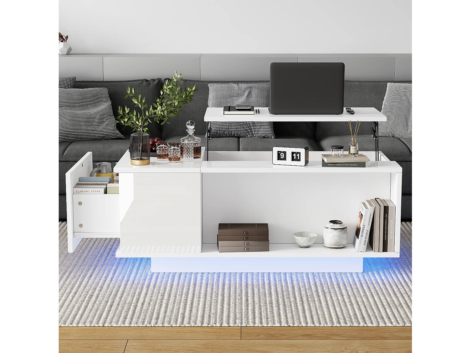 Couchtisch 100×50×40 cm - mit LED-Beleuchtung - 1 Schublade - mit höhenverstellbarer Platte - weiß