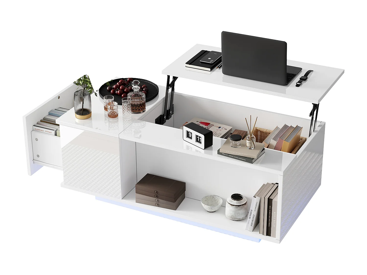 Couchtisch 100×50×40 cm - mit LED-Beleuchtung - 1 Schublade - mit höhenverstellbarer Platte - weiß