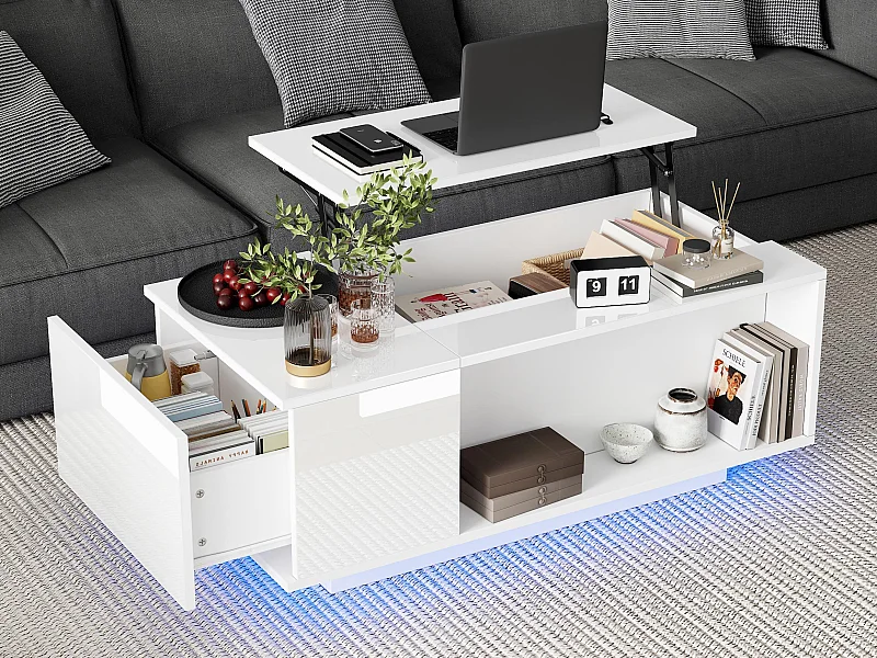 Table basse 100x50x40cm - avec éclairage LED - 1 tiroir -avec plateau relevable - blanc
