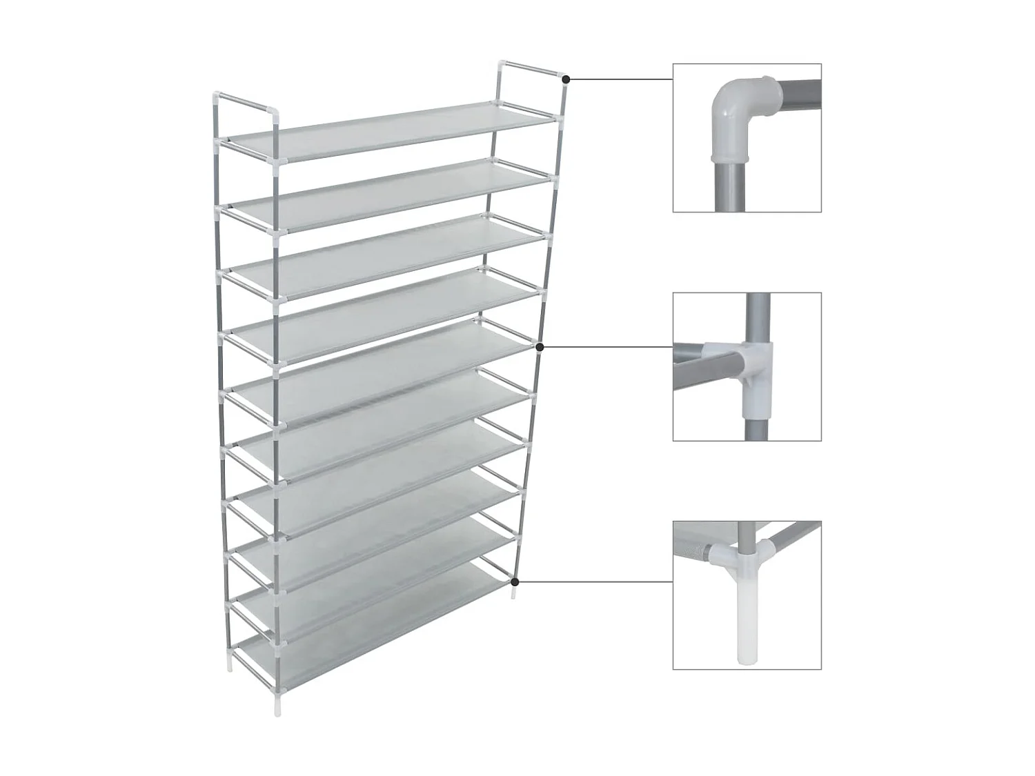 Zapatero de 10 estantes en metal y tela no tejida, color plata