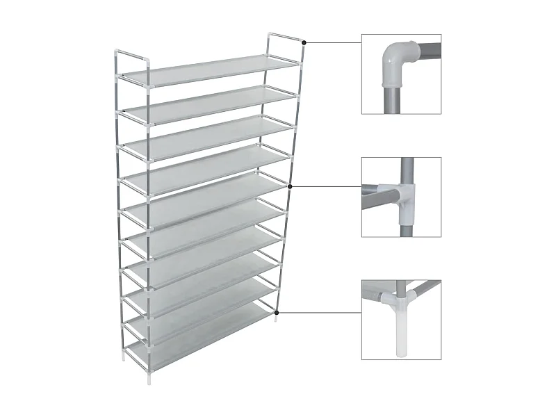 Zapatero de 10 estantes en metal y tela no tejida, color plata