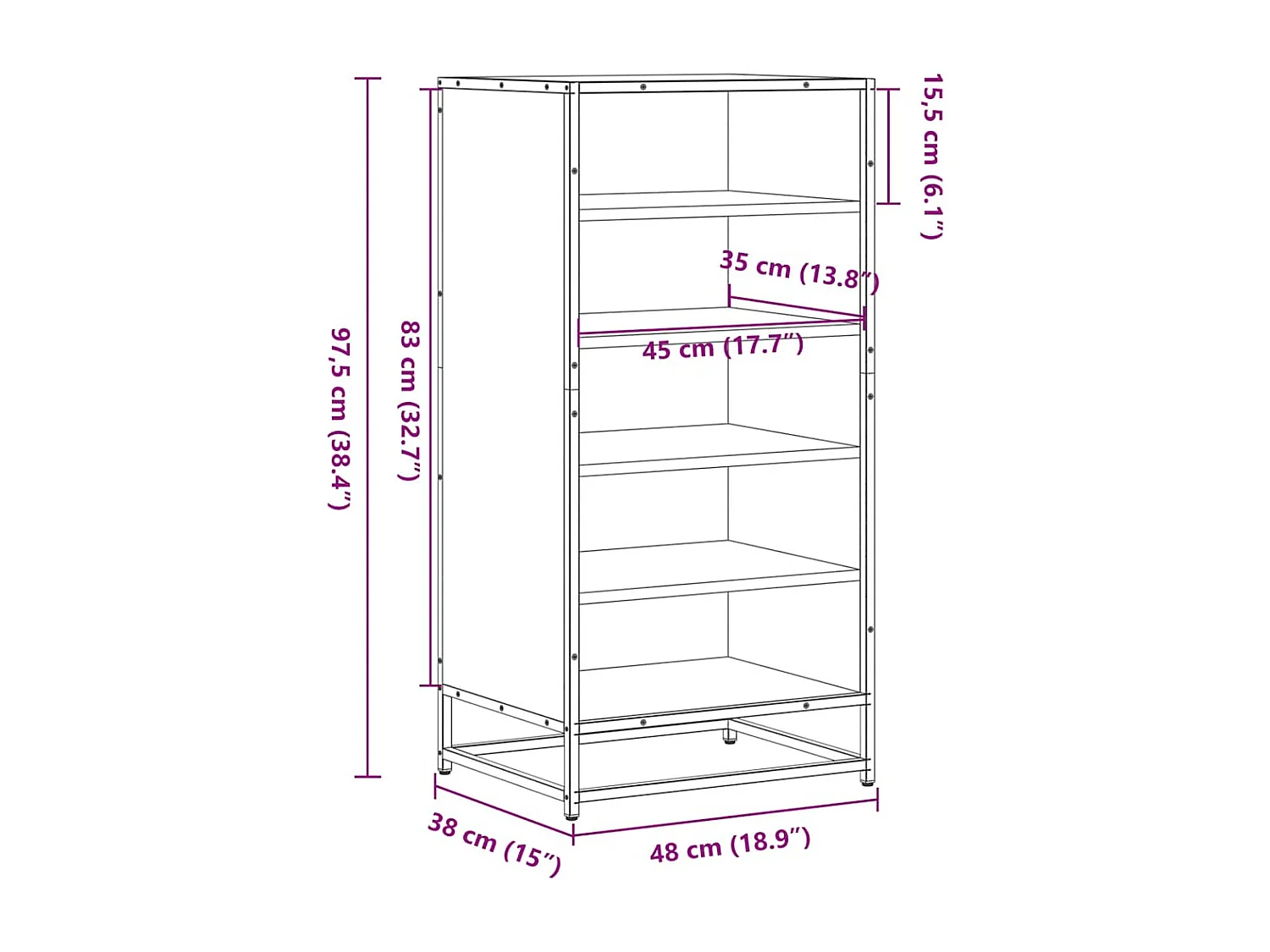 Zapatero negro 48x38x97,5 cm madera de ingeniería