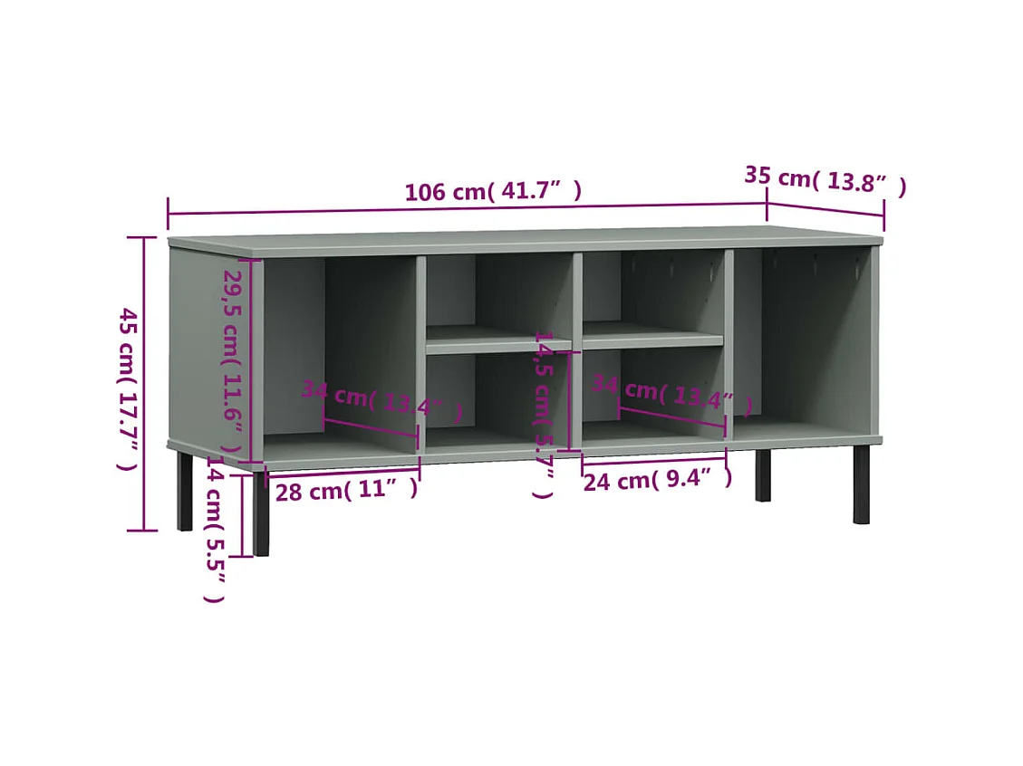 Schoenenrek met metalen poten, grijs, 106x35x45 cm, OSLO hout