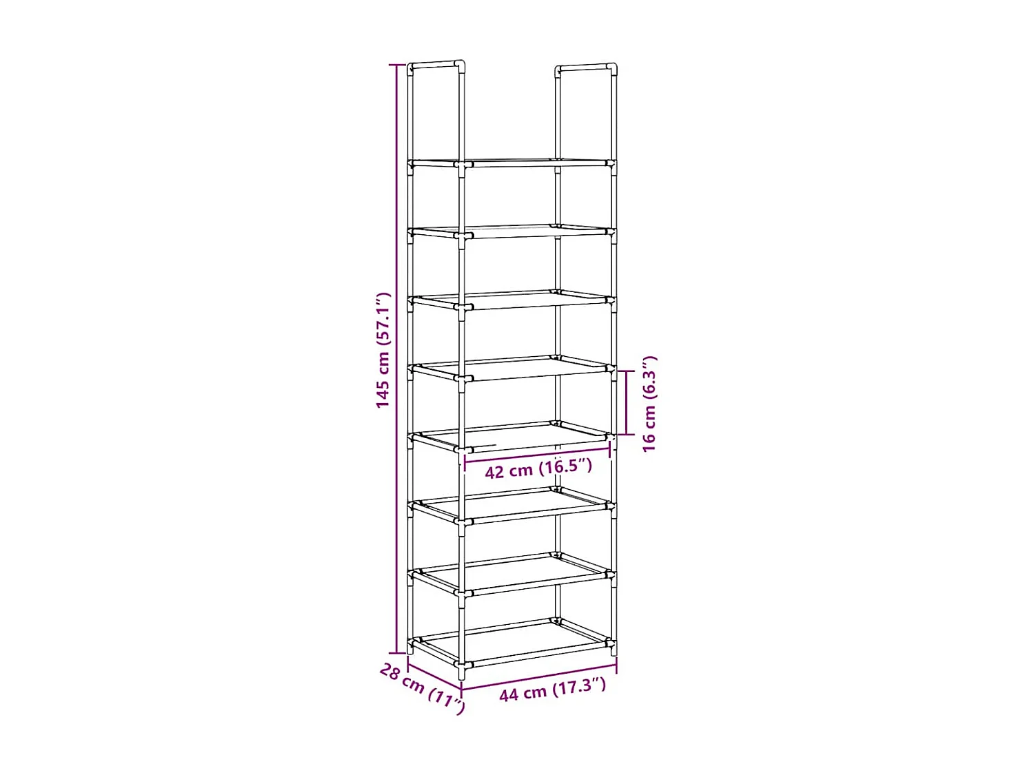 Étagère à chaussures 8 niveaux 44x28x145 cm tissu non-tissé