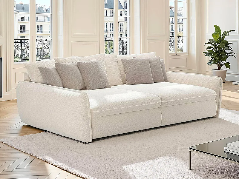 Canapé 4 places confort assise profonde en tissu chenille beige GIANOLA de Maison Céphy