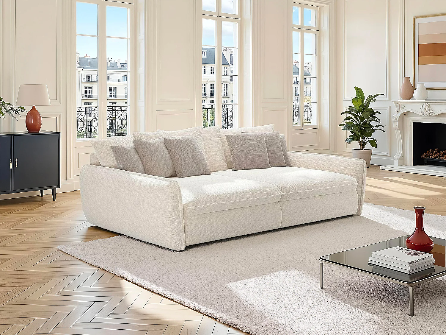 Canapé 4 places confort assise profonde en tissu chenille beige GIANOLA de Maison Céphy