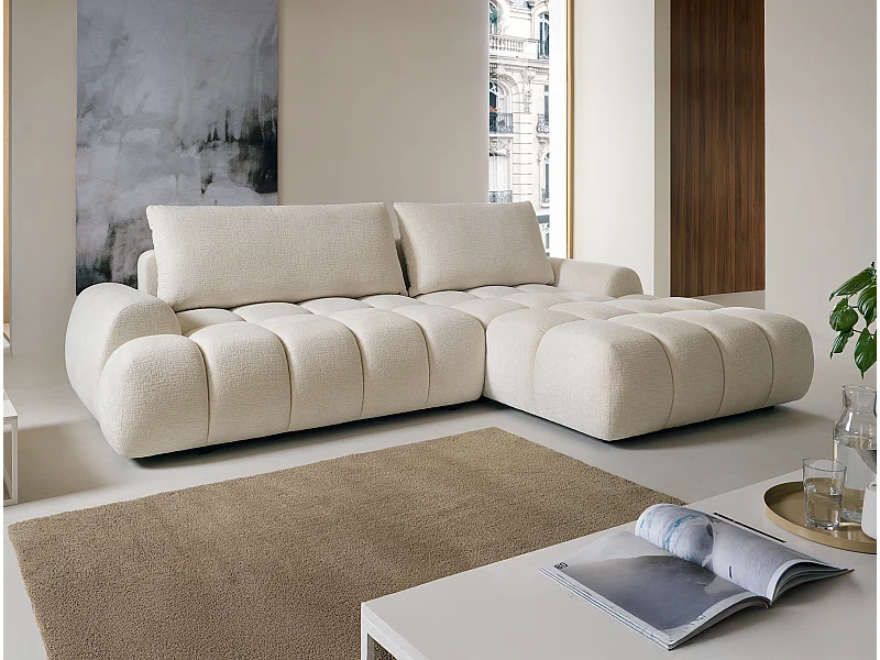 Hoekslaapbank met hoek rechts in beige chenille stof - FARNETA