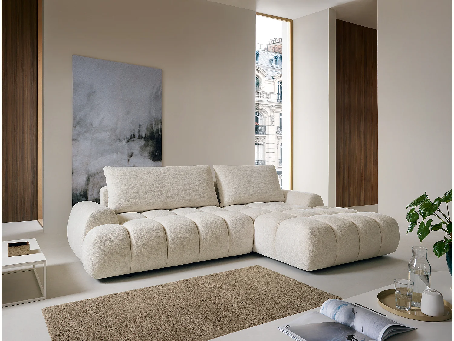 Canapé d'angle droit convertible en tissu chenille beige FARNETA