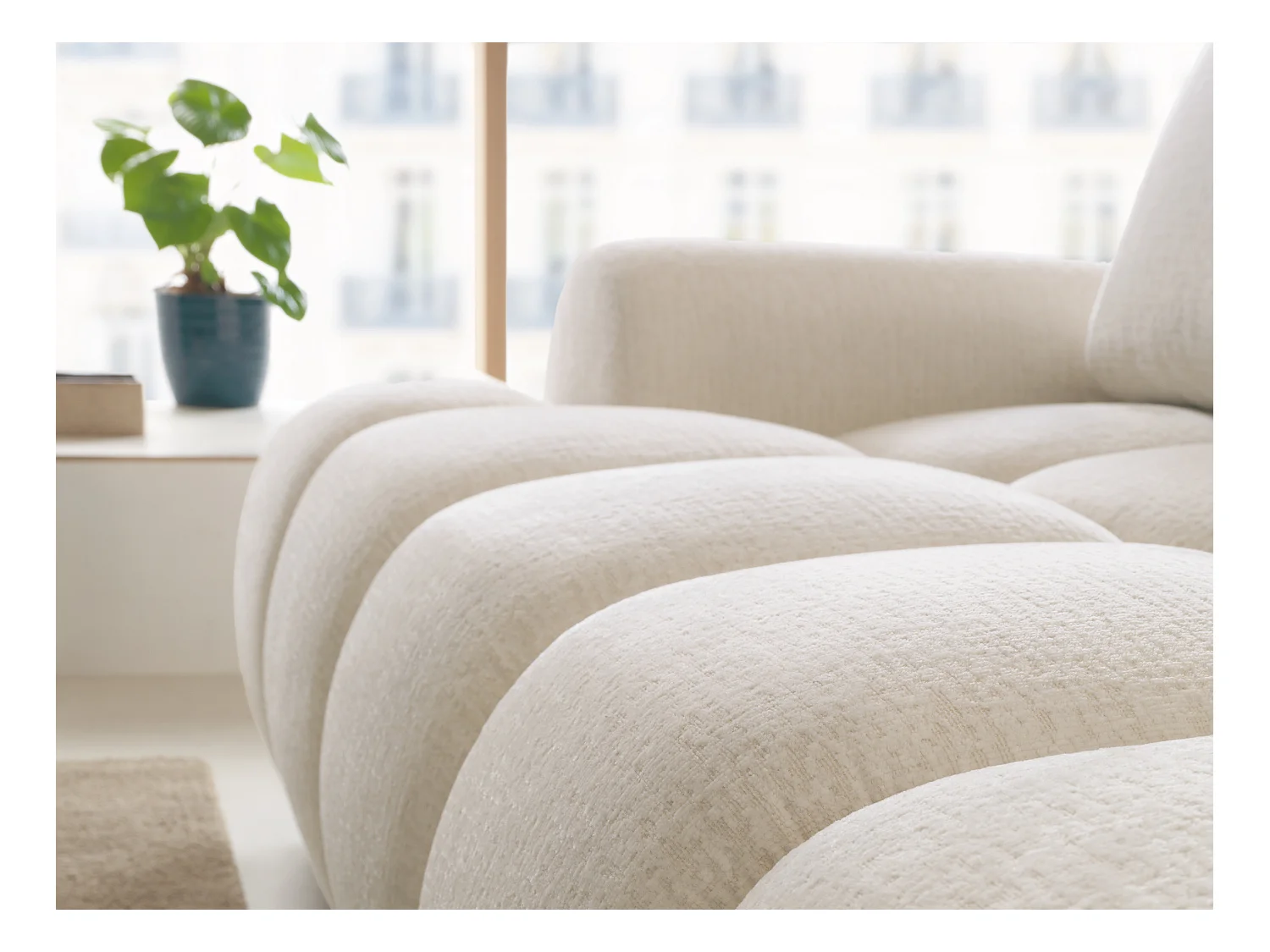 Canapé d'angle droit convertible en tissu chenille beige FARNETA