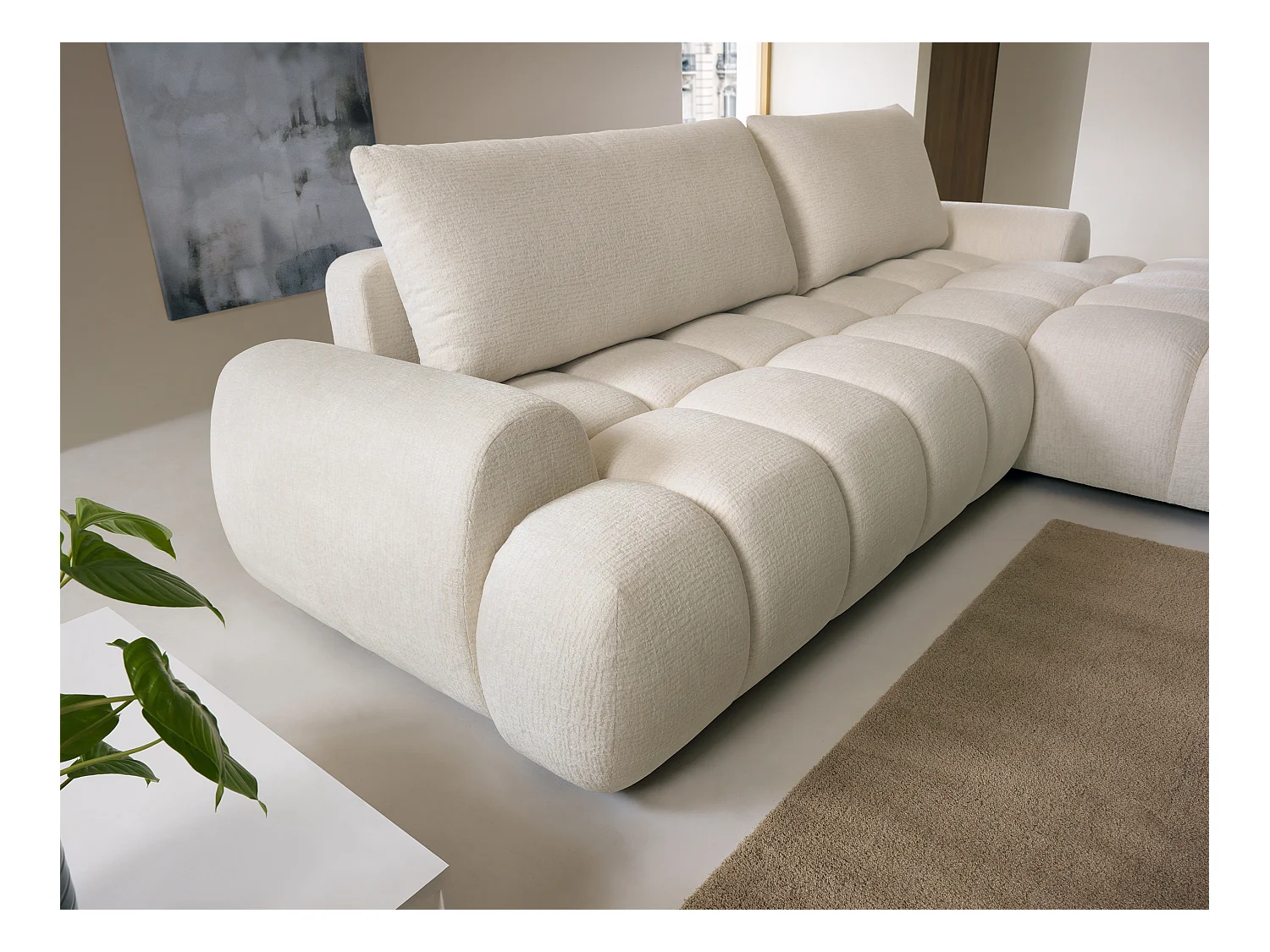 Höger bäddsoffa i beige chenille tyg FARNETA