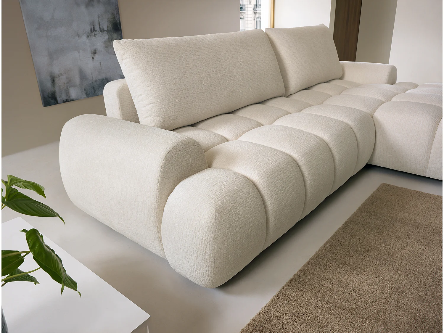 Højre hjørnesofa med beige chenillestof, kan konverteres FARNETA