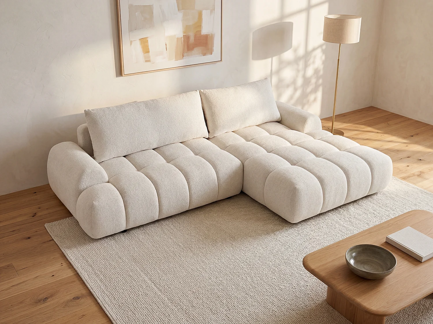 Canapé d'angle droit convertible en tissu chenille beige FARNETA